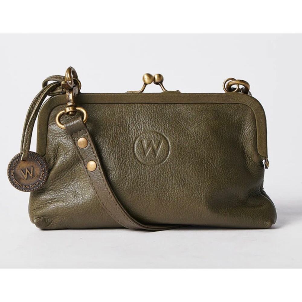 Set of Wanderers Travel Co. Olive Green Leather Crossbody / Clutch & Wallet New